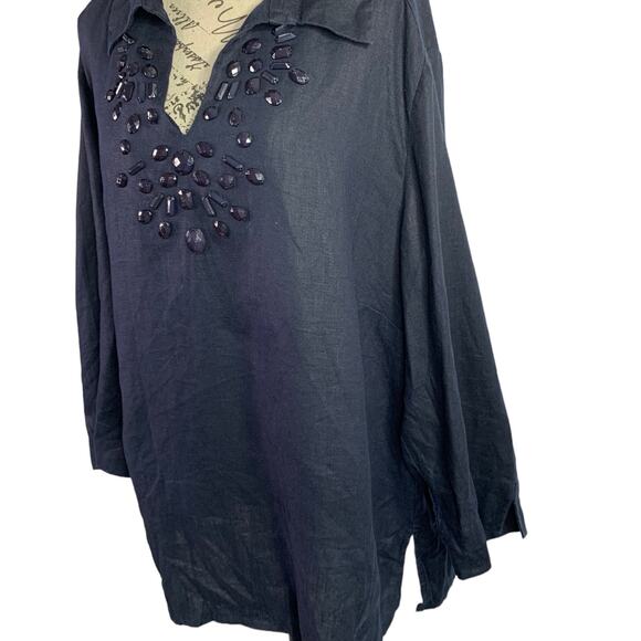JM Collection Women's 20W Tunic Blouse 100% Linen V-neck Gem Details Holiday Top - Picture 3 of 10